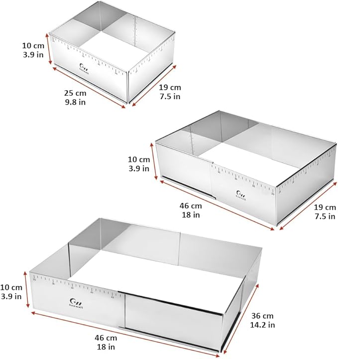 Guowall Rectangular Shaped Cake Ring Mold Stainless Steel Heavy Duty Adjustable Tiramisu Pan Big Size Extensible Pastry Mould Form for Baking - 10 x 7 x 4 inch