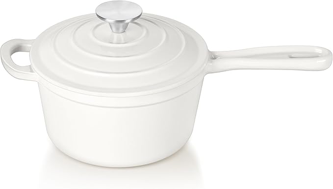 TeamFar 1QT Enameled Cast Iron Sauce Pan, Small Sauce Pot with Lid, Mini Dutch Oven Saucepan for Cooking/Simmering/Baking/Boiling, Sturdy & Nonstick, Oven Safe & Fit for Induction- White