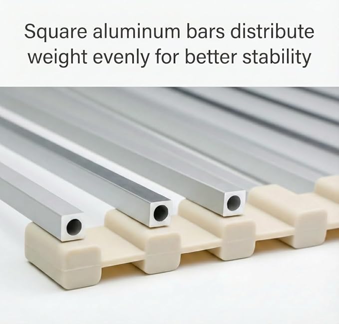 Aluminum Roll Up Dish Drying Rack Over Sink - Supports up to 55 lbs | Heavy Duty Square Bar | Rust-Free Anodized & Heat Resistant Cooling Rack with Removable Dish Holder (Beige, Medium)
