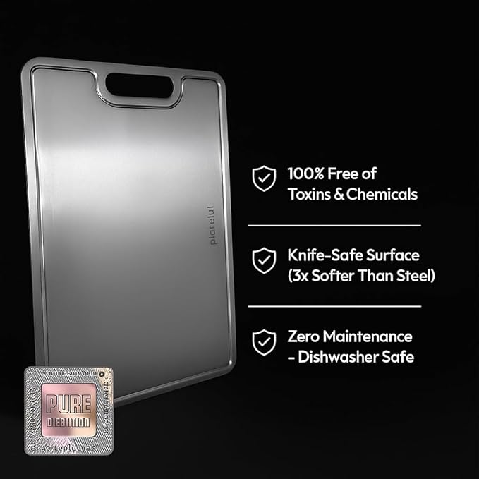 Plateful Titanium Cutting Board - Real, Titanium Cutting Boards for Kitchen With Juice Groove, Food Grade Chopping Boards, No Microplastics, Lasts a Lifetime (Medium)