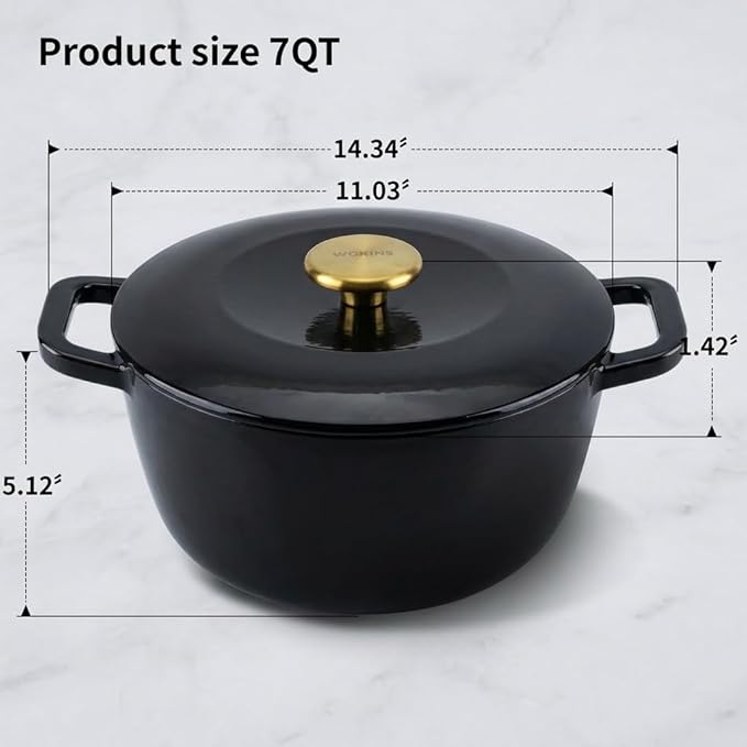 7QT Enamel Cast Iron Dutch Oven with Lid,Dual Handles,Versatile Heavy-Duty Non-toxic Cookware for Sourdough Bread Baking,Braising,Stews,Roasting,Oven Safe up to 500°F black