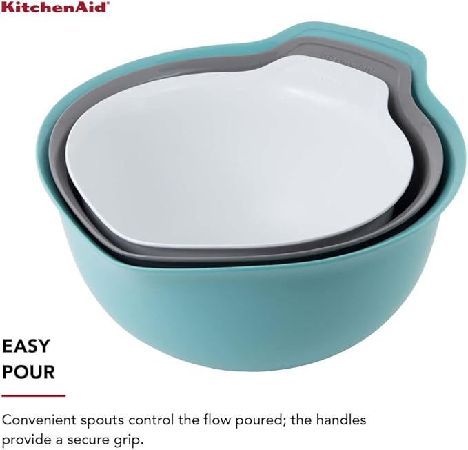 KitchenAid Universal Nesting Plastic Mixing Bowls, Set Of 3, 2.5 quart, 3.5 quart, 4.5 quart, Non Slip Base with Easy Pour Spout to Reduce Mess, Dishwasher Safe, Aqua Sky, White, Gray