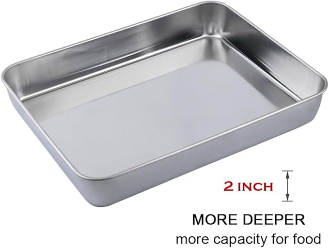 2Pcs Stainless Steel Deep Baking Pan Set（12 & 16 Inch）-PTFE/PFOA Free - Heavy Duty Rectangular Cookie Sheets for Oven, Cakes, Bread, Roasting - No Warping, Dishwasher Safe, Easy to Clean