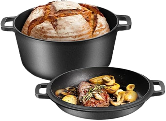 ME JO 6qt Cast Iron Dutch Oven with Multi-Functional Cast Iron Skillet Lid – Heavy-Duty Casserole Dish with Lid for Bread Making, Roasting to Frying | 4.8L Capacity | Pre-Seasoned, Hob and Oven Safe