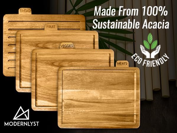 Acacia Cutting Boards for Kitchen with Holder 13" x 11" x 2.5" | Labeled Wood Cutting Board Sets | Large Wooden Cutting Board Set of 4 with Gold Organized Stand | Non Toxic Chopping Board