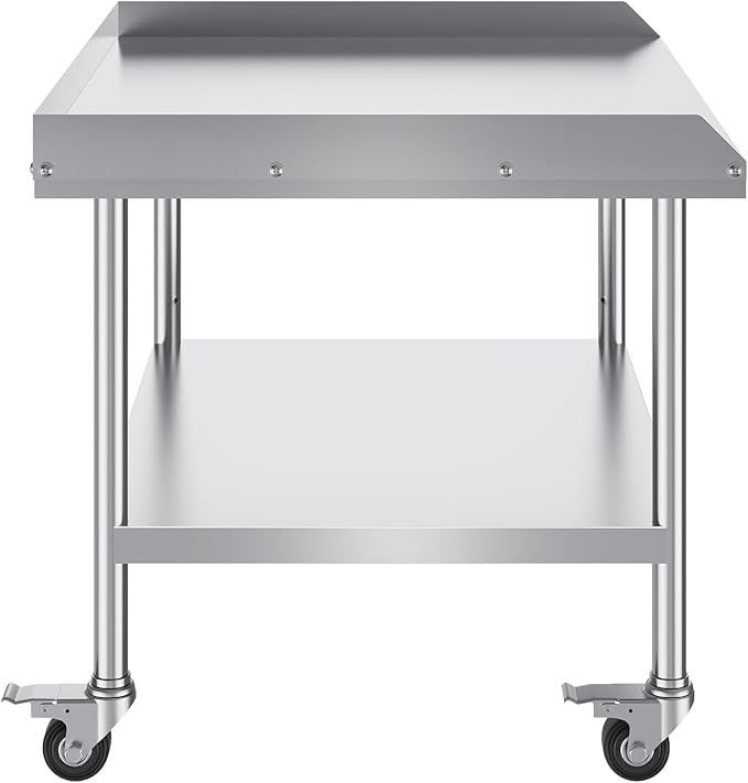 VEVOR Stainless Steel Work Table, 30 x 36 x 30 Inch Commercial Food Prep Worktable with 4 Wheels, Casters, 3-Sided Backsplash Heavy Duty Prep Worktable, Metal Work Table for Restaurant Home Hotel