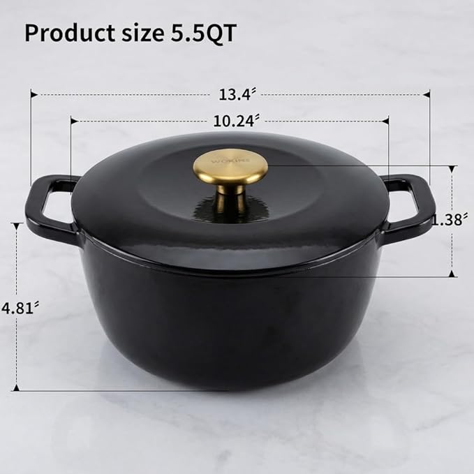 5.5QT Enamel Cast Iron Dutch Oven with Lid,Dual Handles,Versatile Heavy-Duty Non-toxic Cookware for Sourdough Bread Baking,Braising,Stews,Roasting,Oven Safe up to 500°F black