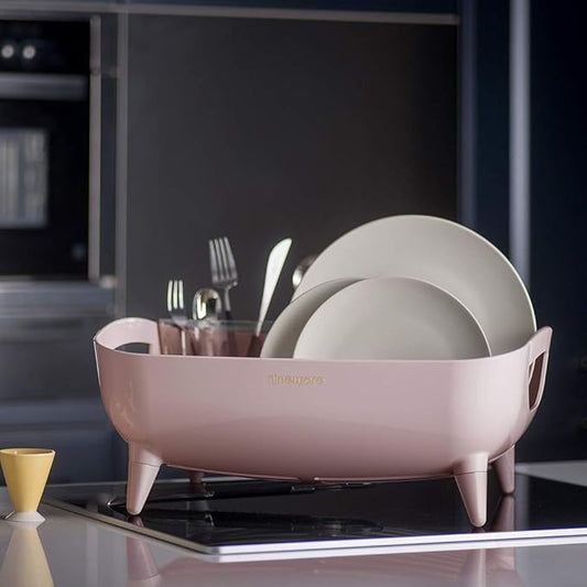 Wide Volume Dish Drying Rack, Large Capacity Kitchen Coutertop Organizer, 360° Rotatable Water Drain, Removable Utensil Holder, Sleek Design, Made in Korea (Pink)