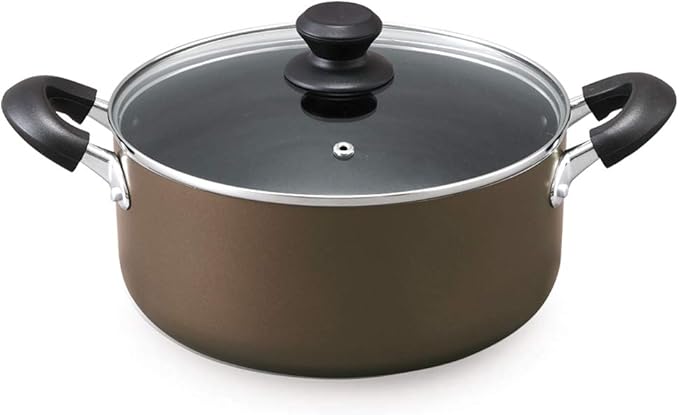 Iris Ohyama DIS-P24 Two-Handled Pot, 9.4 inches (24 cm), Pot with Lid, Gas Cook/Induction Compatible, Glass Lid, Diamond Coat, Long Lasting, Non-Stick, Easy Care, Brown