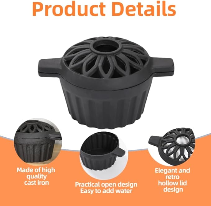 Cast Iron Wood Stove Steamer, Rust Resistant Fireplace Pot with Hollow Carved Lid, 1.32 Quart Capacity Wood Stove Humidifier, Matte Black Finish, Home Indoor Decorative