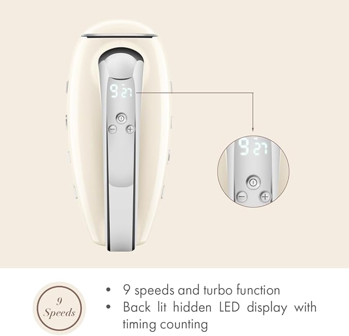 SMEG HMF01 9-Speed Retro Hand Mixer – 220W Motor, Smooth Start, Turbo Function, LED Timer Display, Stainless Steel Whisks, Beaters & Dough Hooks, Premium Die-Cast Aluminum Body