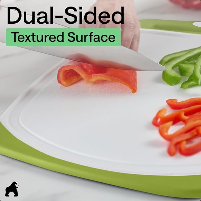 GORILLA GRIP BPA-Free Reversible Kitchen Cutting Board Set of 3, US Designed, Nonporous, Juice Grooves Catch Liquid, Slip Resistant Border, Dishwasher Safe, Durable Food Chopping Boards, Lime Green