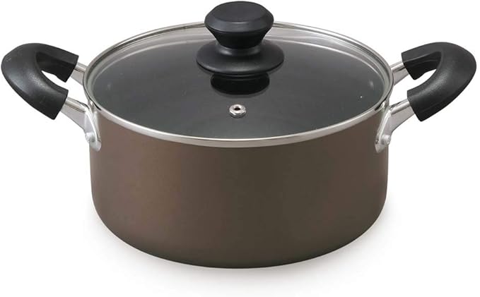 Iris Ohyama DIS-P20 Two-Handed Pot, 7.9 inches (20 cm), Pot with Lid, Gas Fire/Induction Compatible, Glass Lid, Diamond Coated, Long Lasting, Non-Sticking, Easy Care, Brown