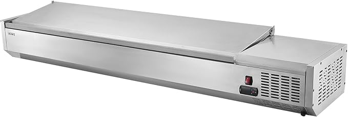 VEVOR Refrigerated Condiment Prep Station, 140 W Countertop Refrigerated Condiment Station, with Five 1/3 Pans & Four 1/6 Pans, 304 Stainless Body and PC Lid, Sandwich Prep Table with Stainless Guard