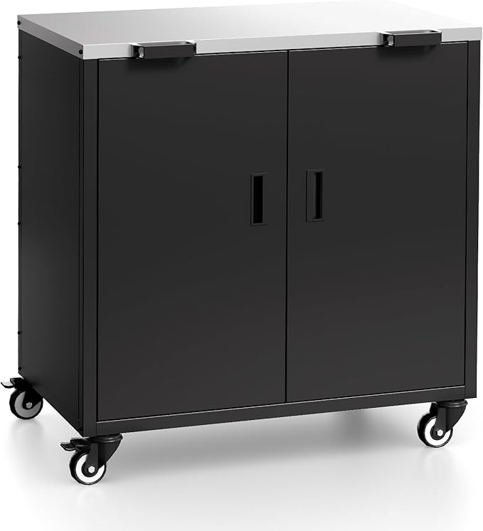 Outdoor Grill Table, Movable Grill Cart with Door, Outdoor Grill Stand with Large Capacity ＆ Hooks, 2 Tier Pizza Oven Table for Outdoor Use