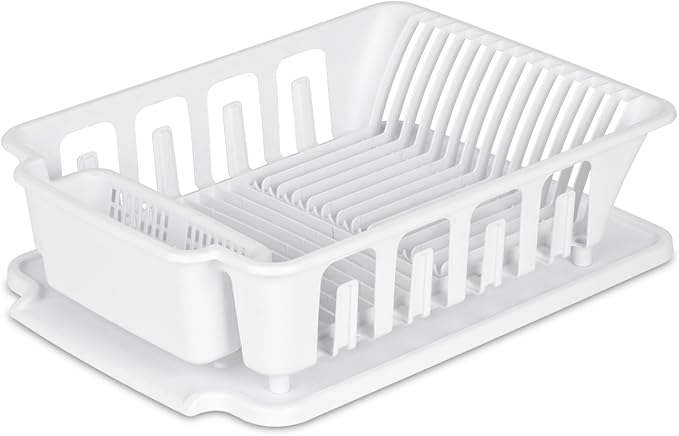 Sterilite Large 2 Piece Sink Set, with Drainboard for Drying, Holds Clean Dishes in the Kitchen such as Plates, Cups, and Silverware, White, 6-Pack