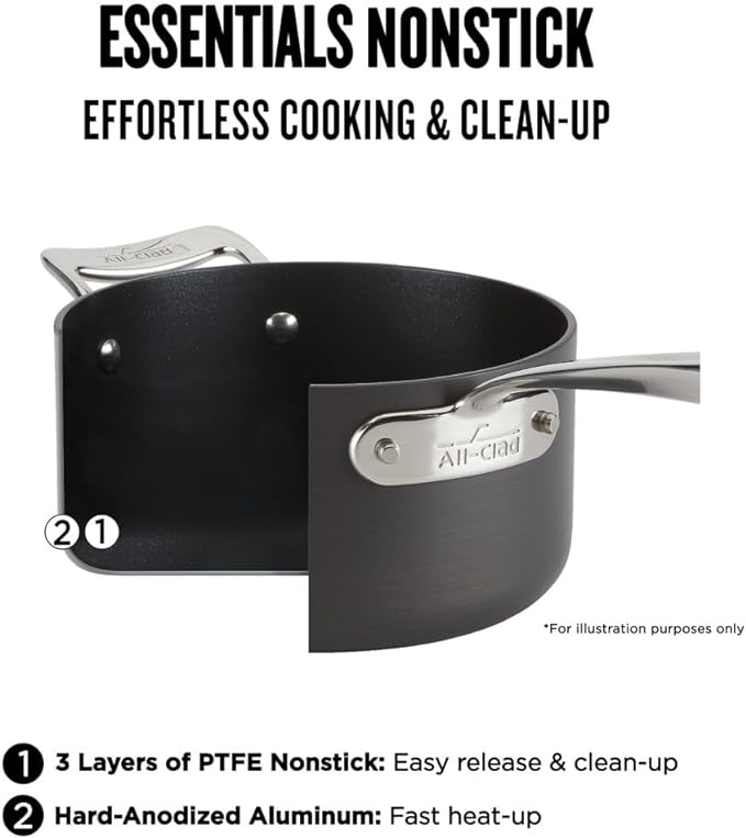 All-Clad Essentials Hard Anodized Nonstick Sauce Pan Set 4 Piece, 8, 10.25 Inch, 4 Quart Oven Broiler Safe 500F Pots and Pans, Cookware Black