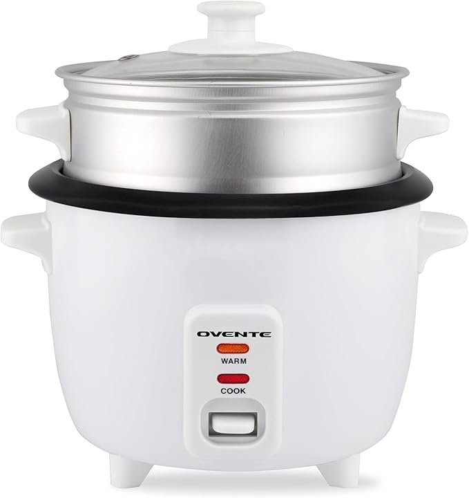 OVENTE Electric Rice Cooker and Food Steamer – 10-Cup Cooked Capacity (5 Cups Uncooked), Nonstick Removable Pot, Keep Warm Function, Steaming Basket, Measuring Cup & Spatula Included, White RCS01W