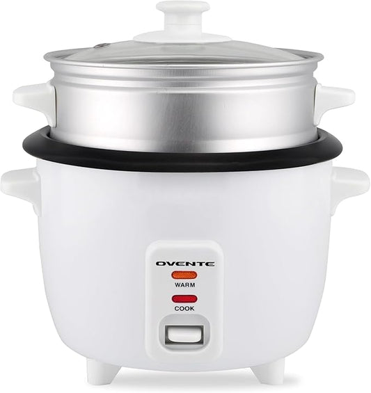 OVENTE Electric Rice Cooker and Food Steamer – 10-Cup Cooked Capacity (5 Cups Uncooked), Nonstick Removable Pot, Keep Warm Function, Steaming Basket, Measuring Cup & Spatula Included, White RCS01W
