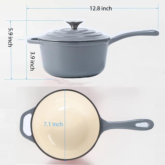 HAWOK 2 qt Enameled Cast Iron Saucepan, 7 inch with Lid, Gray