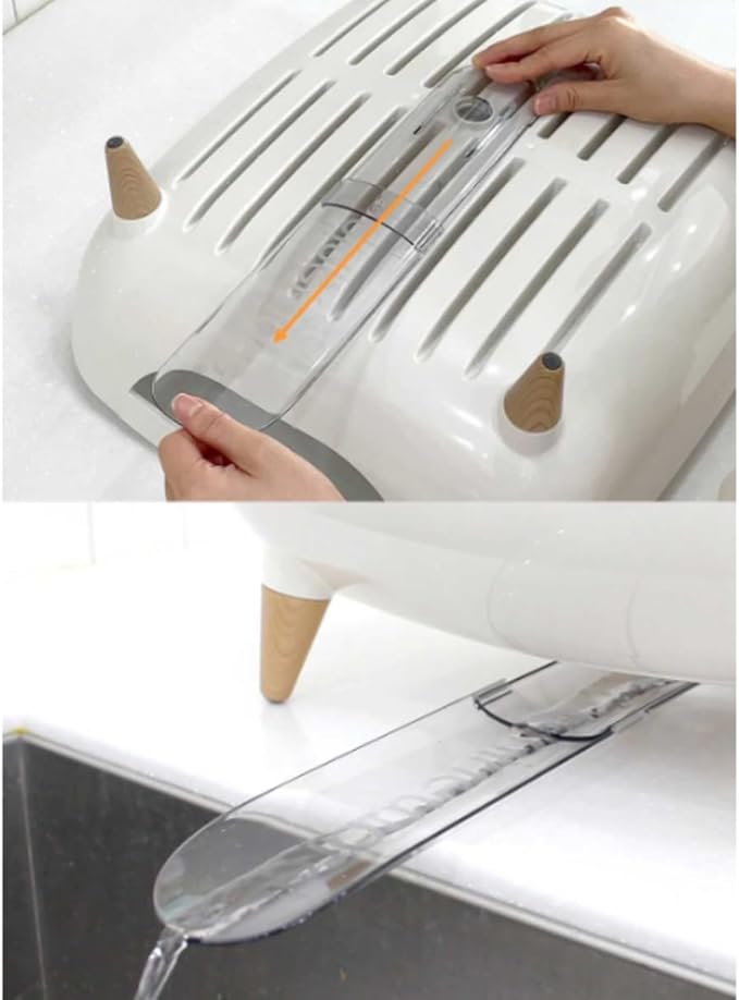 Wide Volume Dish Drying Rack with Removable Utensil Holder, Large Capacity Kitchen Counter Organizer, 360° Swivel Water Drain Spout, Sleek Design, Made in Korea (Cream White)