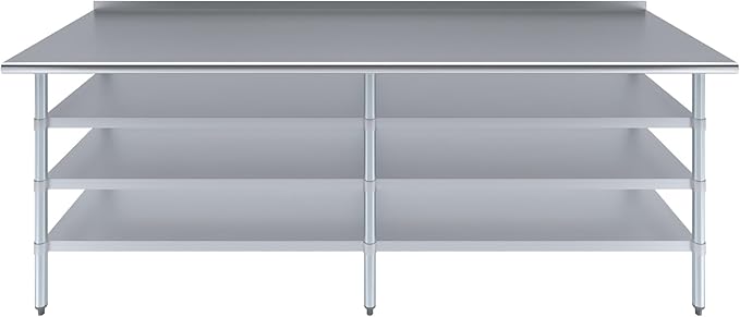 AmGood Stainless Steel Work Table with 1.5" Backsplash and 3 Shelves | Metal Kitchen Food Prep Table | NSF (96" Long x 30" Deep)