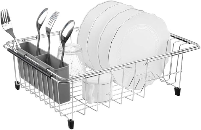 SANNO Large Expandable Dish Drying Rack Over Sink Dish Rack with Utensil Silverware Storage Holder Over The Sink Adjustable Arms Dish Drying Drainer,Stainless Steel, in Sink or On Counter