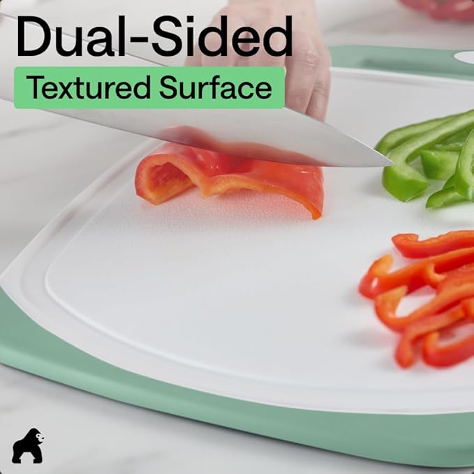 GORILLA GRIP BPA-Free Reversible Kitchen Cutting Board Set of 3, US Designed, Nonporous, Juice Grooves Catch Liquid, Slip Resistant Border, Dishwasher Safe, Durable Large Food Chopping Boards, Mint
