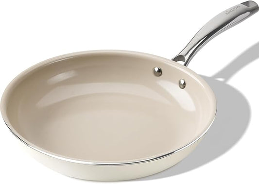 Kikcoin Non Stick Ceramic Frying Pans Skillet, 11-inch Healthy Non Toxic Cookware Egg Cooking Pan with Stay Cool Handle, PFAS & PTFE & PFOA Free, Dishwasher & Oven Safe (Cream Beige)