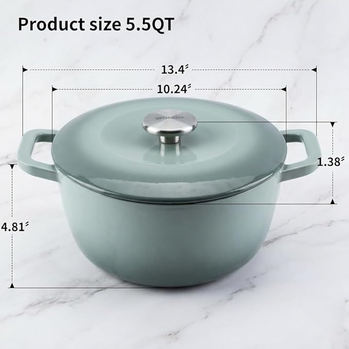 5.5QT Enamel Cast Iron Dutch Oven with Lid,Dual Handles,Versatile Heavy-Duty Non-toxic Cookware for Sourdough Bread Baking,Braising,Stews,Roasting,Oven Safe up to 500°F green