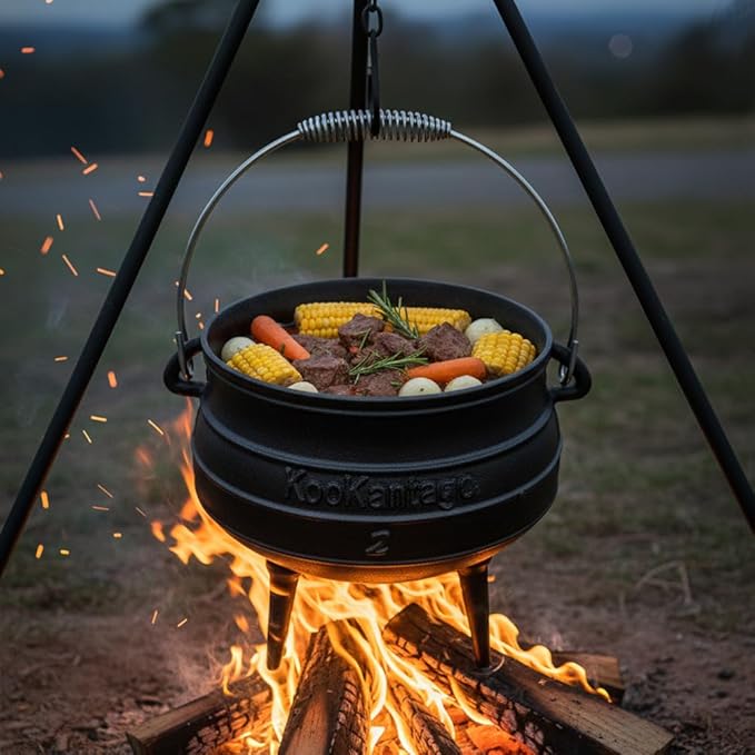Pre-Seasoned Cast Iron Cauldron - 6 Quart African Potjie Pot with Lid - 3-Legged Dutch Oven for Camping and Over-the-Fire Cooking - Durable Outdoor Cookware
