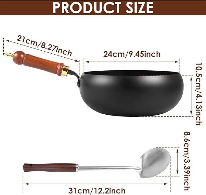 Hand-Forged Cast Iron W ok Pan, Big Belly Pot with Wood Lid, Cast Iron Frying Pan No Chem-ical Coated, Traditional Japanese Cookware for Induction, Ideal for All Hobs