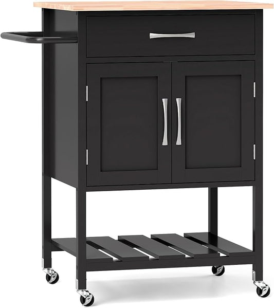 Giantex Rolling Kitchen Island Cart, Mobile Serving Cart with Drawer, 2-Door Storage Cabinet, Storage Shelf, Towel Rack, Food Prep Utility Cart on Wheels for Dining Room, Living Room (Black)
