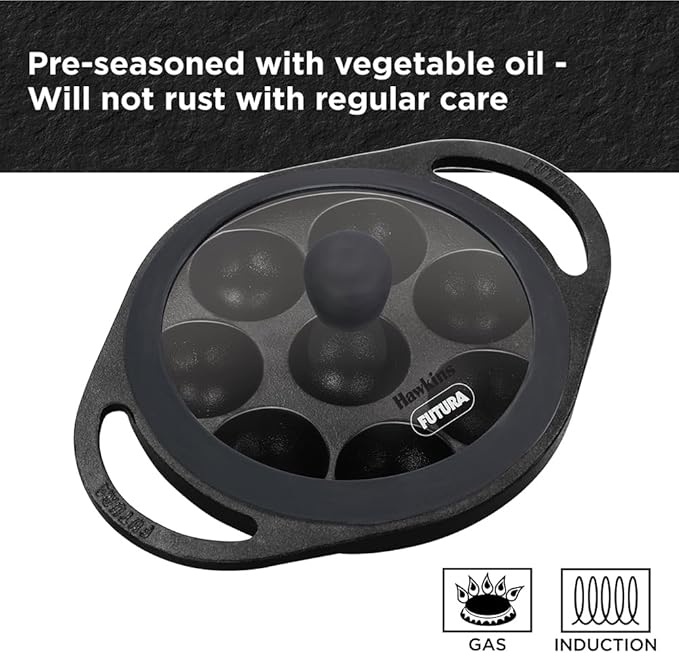 Hawkins Futura 16 cm Cast Iron Appe Pan, Non Stick Paniyaram Pan with Glass Lid, 8 Cups Paniyarakkal Pan, Litti Pan, Kuzhi Paniyaram Pan, Ponganalu Pan, Black (CIAP16G)