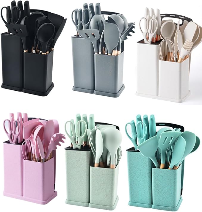 19 Pieces Kitchen Utensils and Knife Set with Block, Inldued 9 Pieces Silicone Cooking Utensils Set 5 Pieces Sharp Stainless Steel Chef Knives Scissors Whisk Tongs and Cutting Board (TEAL)