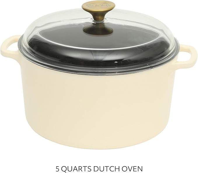 Sur La Table Kitchen Essential Supper Club 5-Quart Enamel-Coated Cast Iron Dutch Oven Pot with Oven Safe Glass Lid, Oven-to-Table Cookware for Bread, Soups, Stews & Braising - Eggshell White