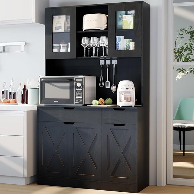 71" Tall Kitchen Pantry Storage Cabinet Large Farmhouse Hutch Cabinet with Microwave Stand, Charging Station, Adjustable Shelves, Countertop for Dining Room, Living Room, Black