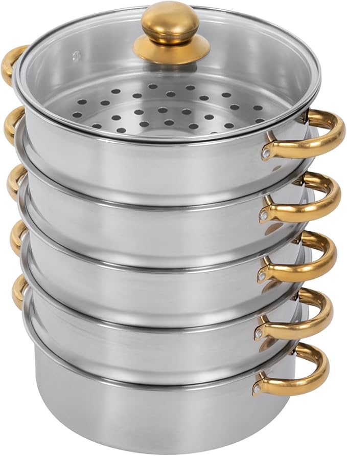 5 Tier Steamer Pot, 7L Stainless Steel Food Cooking Pots, 4 Steaming Grids and 1 Large Bottom Cooking Pan, Multi Functions Stackable Domestic Commercial Large Steaming Cookware w/Lid & Handles (28cm)