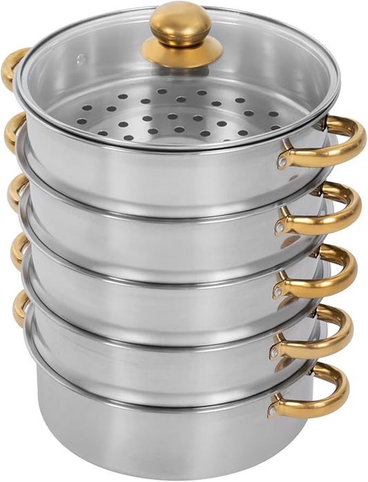 5 Tier Steamer Pot, 7L Stainless Steel Food Cooking Pots, 4 Steaming Grids and 1 Large Bottom Cooking Pan, Multi Functions Stackable Domestic Commercial Large Steaming Cookware w/Lid & Handles (28cm)