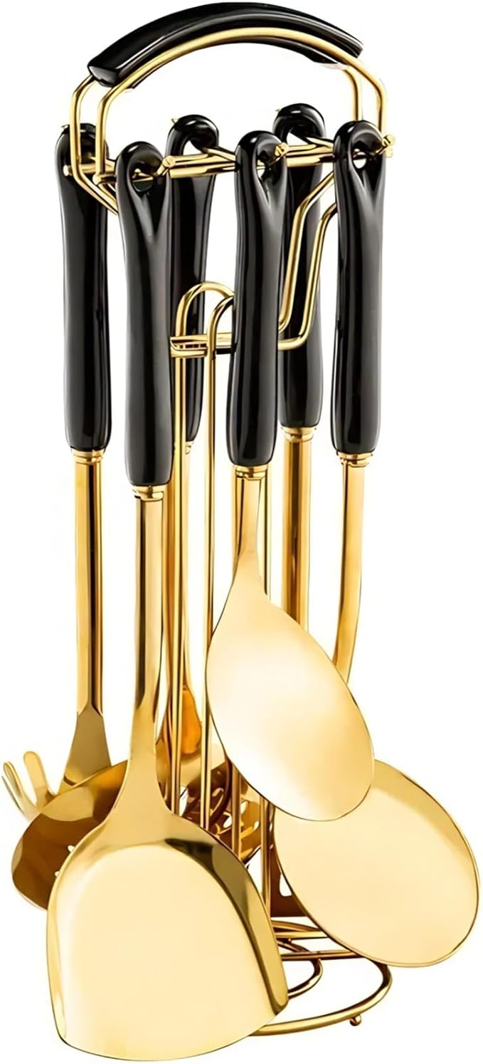 Novellus Stainless Steel Gold Kitchen Utensils Set with Holder, 7pcs Kitchen Accessories for Cooking, Household Utensils Includes Soup Ladle, Spatulas, Slotted Spoon, Pasta Spoon, Black & Gold
