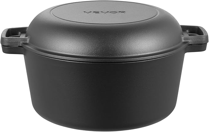 VEVOR Cast Iron Dutch Oven, 2-in-1 Pre-Seasoned Pot with Skillet Lid, 5QT Cookware Pan with Proofing Basket, Bread Baking Accessories, Bread-Oven Compatible 500℉