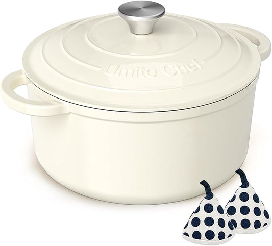 Umite Chef Enameled Cast Iron Dutch Oven-7QT Pot with Lid Cookbook & Cotton, Heavy-Duty Cookware for for Bread Baking, Braising, Stews, Marinate, Cook(Cream White)