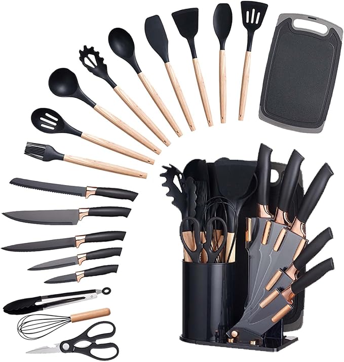 Kitchen Utensils Set and Knives Set,19-in-1 Kitchen Knife Set Include 11 PCS Silicone Cooking Utensils Set 5 PCS Sharp Stainless Steel Chef Knives Scissors and Cutting Board