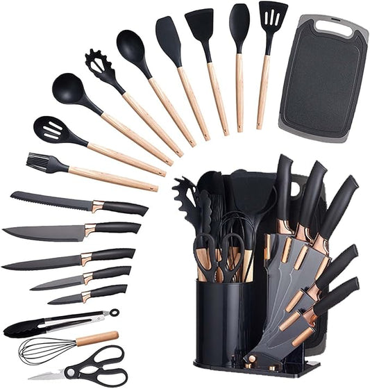 Kitchen Utensils Set and Knives Set,19-in-1 Kitchen Knife Set Include 11 PCS Silicone Cooking Utensils Set 5 PCS Sharp Stainless Steel Chef Knives Scissors and Cutting Board