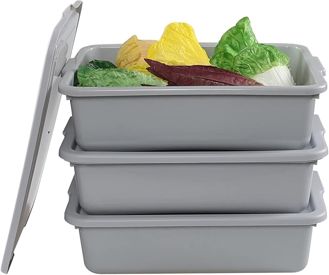 Wekioger 3 Pack Bus Tubs Commercial, 13 L Meat Tubs with Lids, Silver Grey
