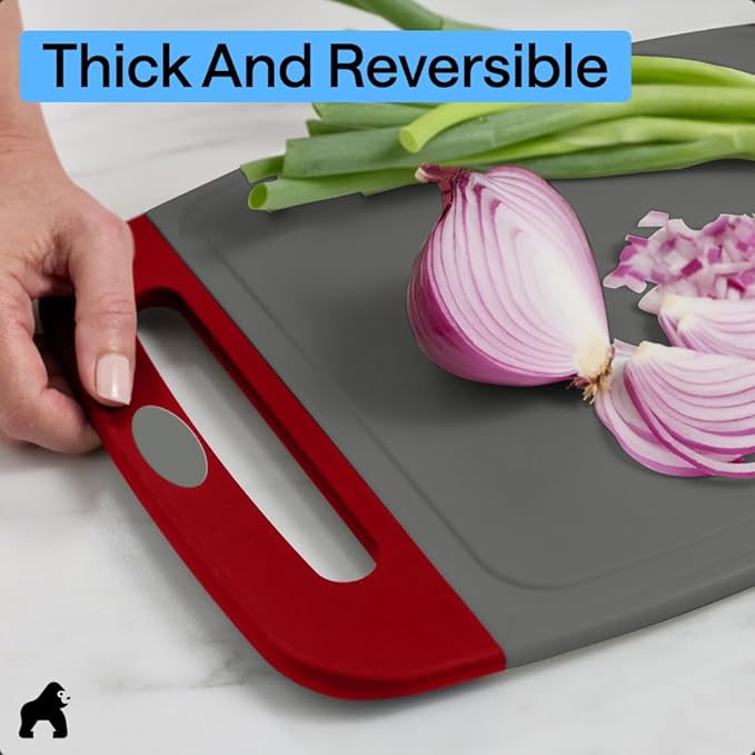 GORILLA GRIP BPA-Free Reversible Kitchen Cutting Board Set of 3, US Designed, Nonporous, Juice Grooves Catch Liquid, Slip Resistant Border, Dishwasher Safe, Durable Large Food Chopping Boards,Gray Red