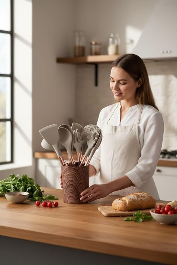11-Piece Premium Silicone Kitchen Utensil Set with Holder - Heat-Resistant Cooking Tools with Wooklike Grain Handles & Rose Gold Accents - Nonstick Utensils for Modern Home Cooks.