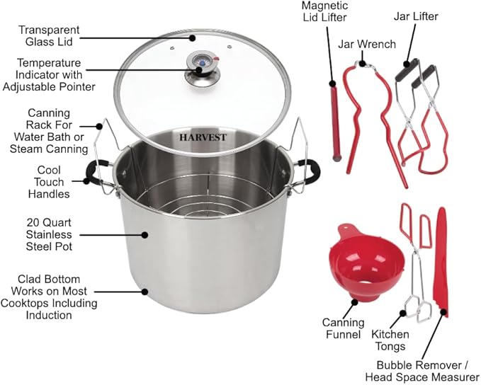 Harvest Stainless Steel 20 Qt Canning Pot with Rack | Water Bath or Steam Canning | Works on All Stovetops Including Induction, Glass, Gas (Stainless Steel Canner + Tools)