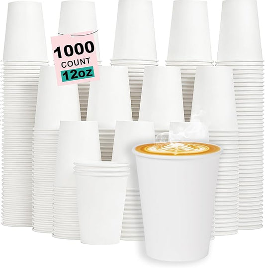 12 oz 1000 Pack Disposable Coffee Cups, Bulk White Disposable Paper Cups, Coffee Cups for Hot Tea, Chocolate and Cold Drinkse