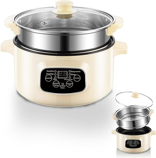 SOONHUA 3.2L Non-Stick Electric Hot Pot with Steamer, Multifunctional Electric Cooker with 9.5H Delay Timer & 6 Presets, Electric Cooking Pot for Soup, Rice, Noodles, Home & Dorm Use